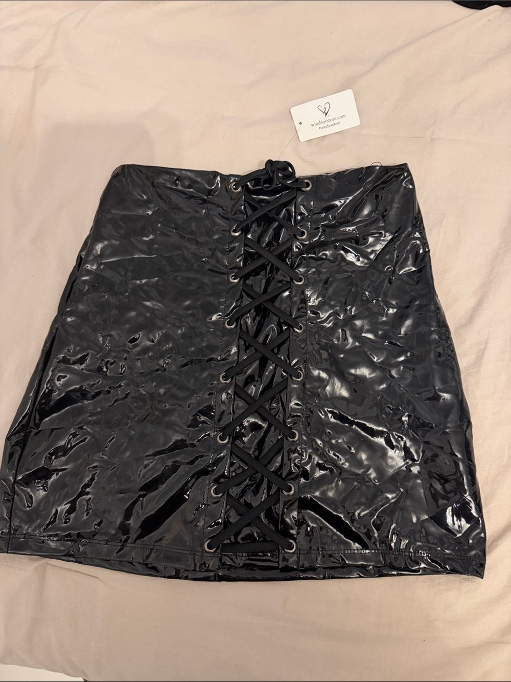 Windsor Black Patent Lace-Up Mini Skirt